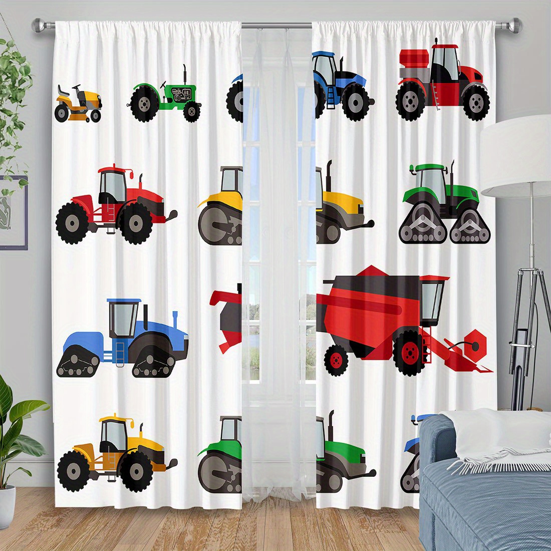 Agriculture Farming Cartoon - Cartoon Tractor Gordijn Kleurrijke landbouwmachines Print